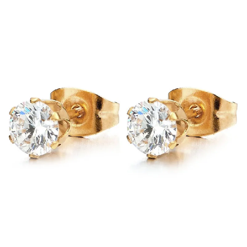 1 Pair 3MM White Cubic Zirconia Stud Earrings for Man Women, Gold Color Stainless Steel