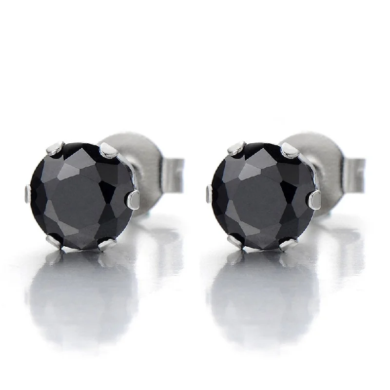 1 Pair 5MM Mens Ladies Black Cubic Zirconia Stud Earrings Stainless Steel