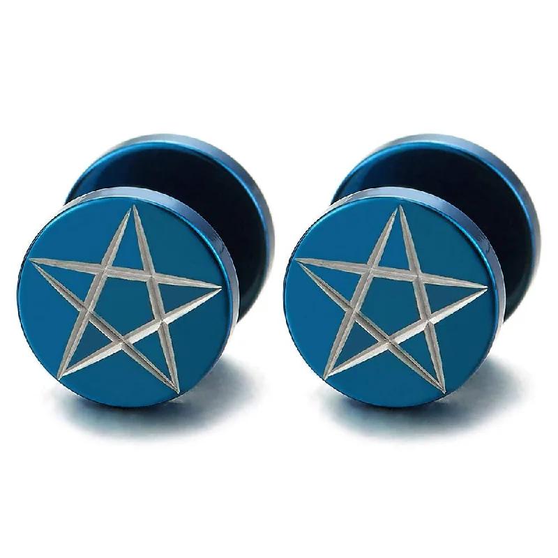 10MM Blue Steel Mens Pentagram Star Stud Earrings, Cheater Fake Ear Plugs Gauges Illusion Tunnel