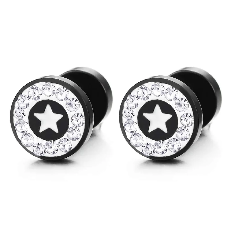 10MM Circle Star Stud Earring CZ Black Enamel, Men Women, Steel Cheater Fake Ear Plugs Gauges Tunnel