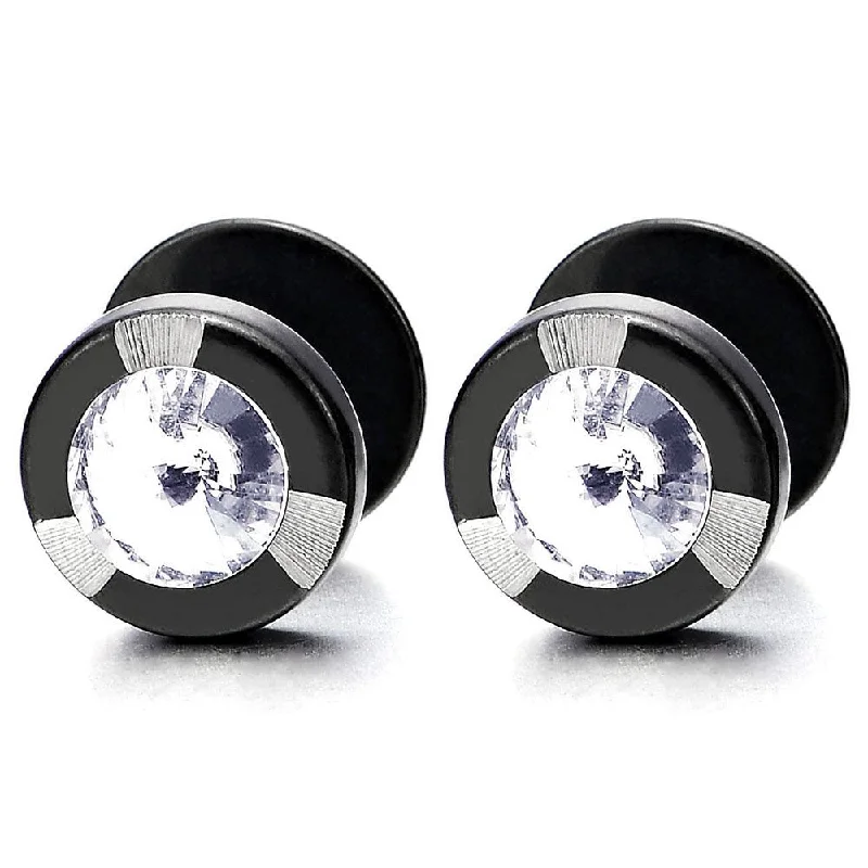 10mm Mens Black Stud Earrings with Spike Cubic Zirconia, Steel Illusion Tunnel Fake Ear Plugs Gauges