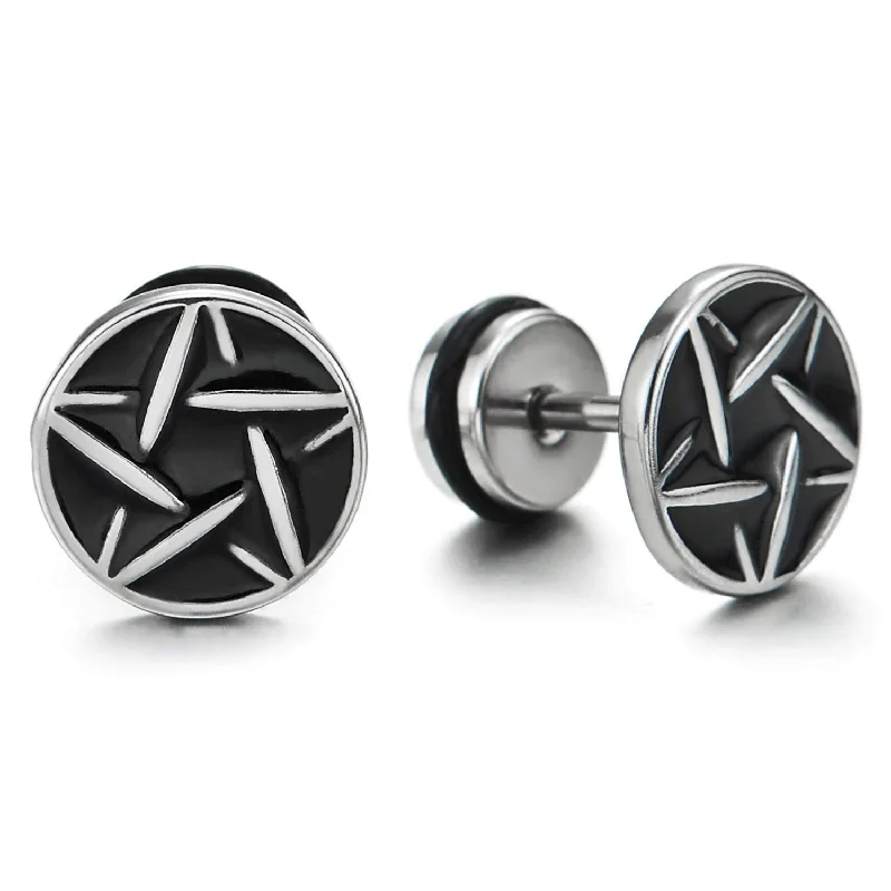 10MM Stainless Steel Star Pentagram Circle Stud Earrings with Black Enamel, Men Women, Screw Back