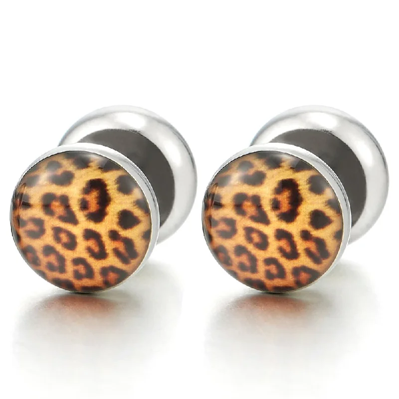 10MM Womens Screw Stud Earring with Leopard Print Pattern, Steel Cheater Fake Ear Plug Gauges