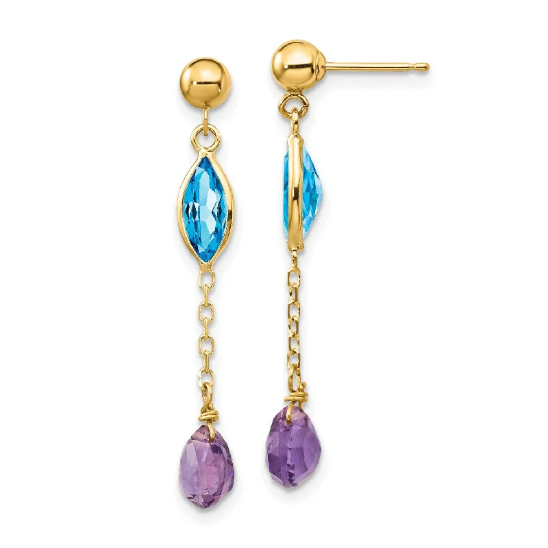 14KT Yellow Gold Blue Topaz and Amethyst Earrings