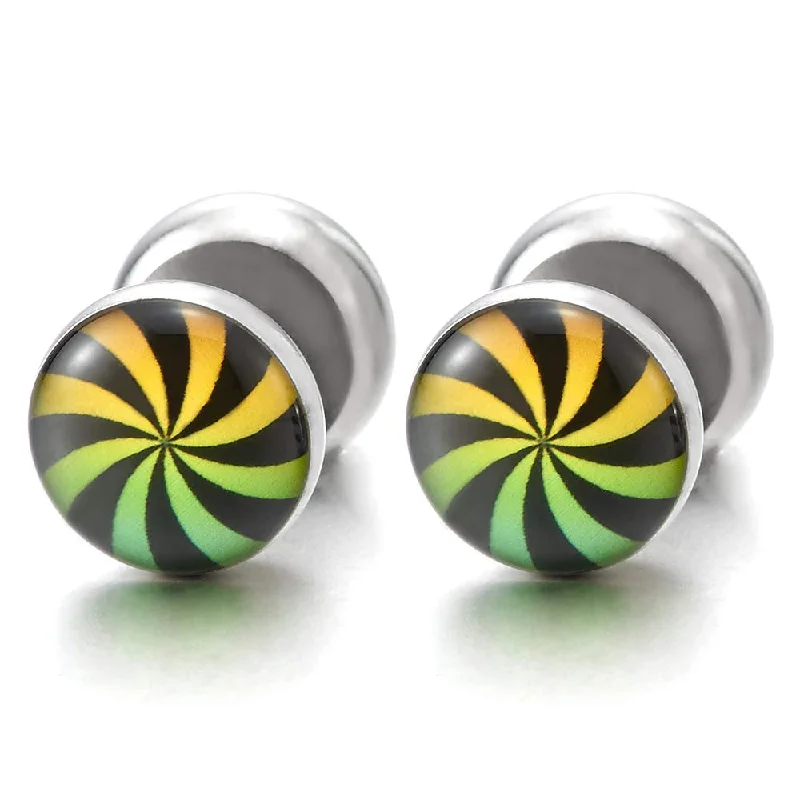 2 Men Women Steel Circle Color Windmill Swirl Stud Earrings, Cheater Fake Ear Plugs Gauge Tunnel