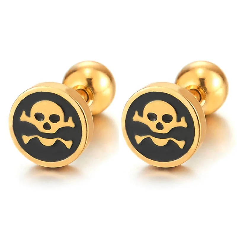 2pcs Mens Womens Steel Gold Color Pirate Skull Circle Stud Earrings with Black Enamel, Screw Back