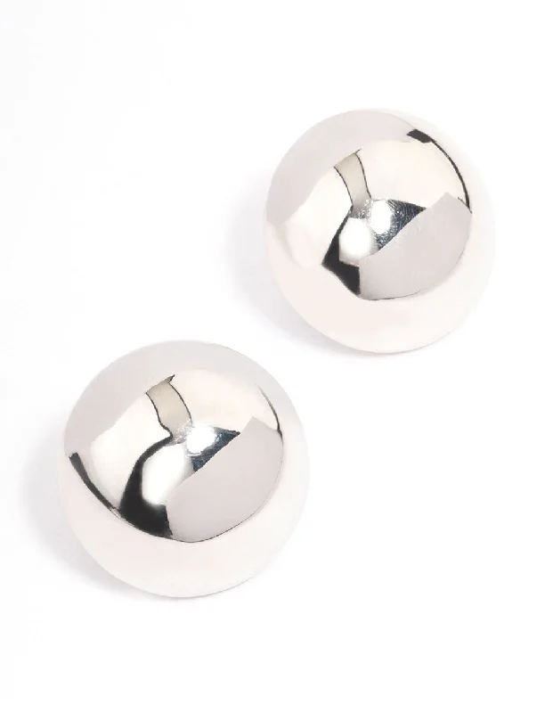 Rhodium Large Dome Plain Stud Earrings