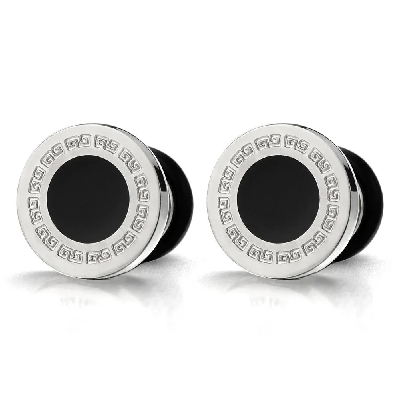 6mm Mens Circle Stud Earrings Steel with Greek Key Pattern and Black Enamel