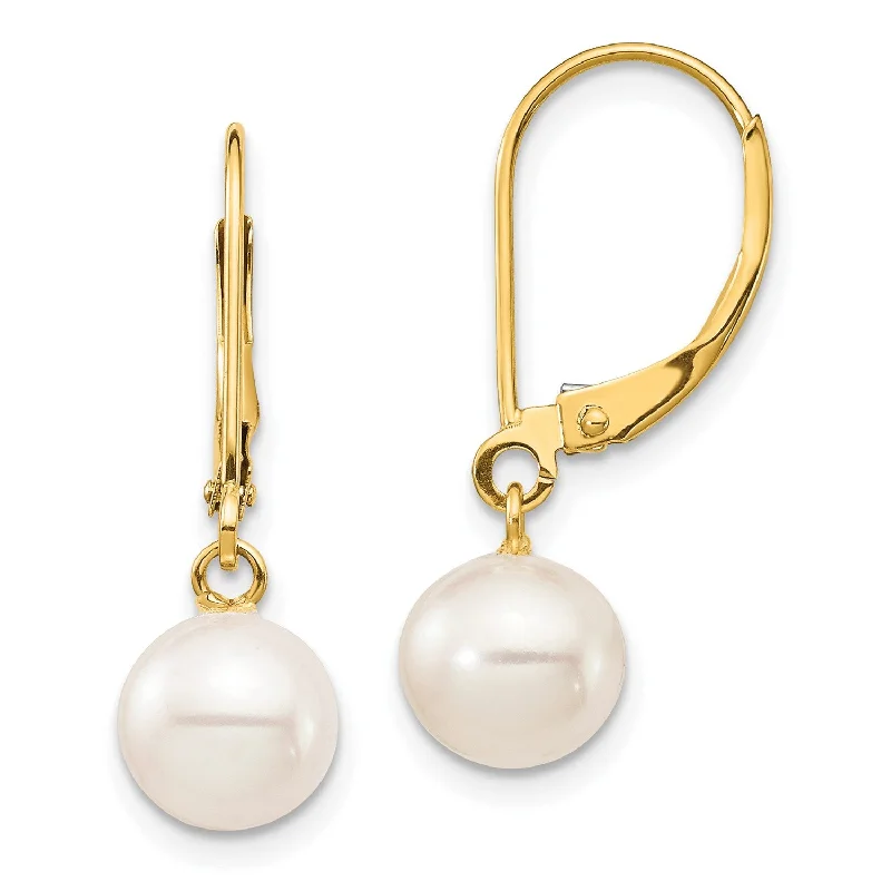 7MM Round Pearl Leverback Earrings in 14KT Yellow Gold