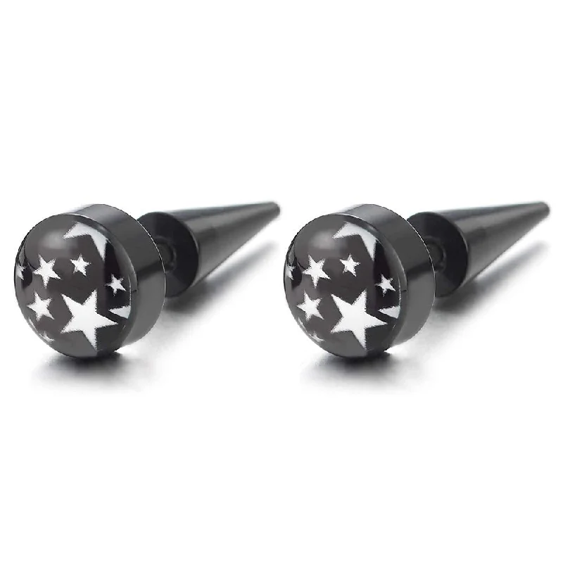 8MM Women Men Black Circle Stud Earrings with Stars, Cheater Fake Ear Plug Gauges, Spiked Screw Back