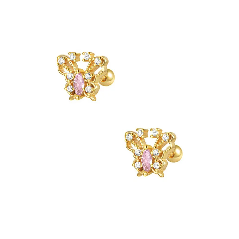 925 Silver Pink Butterfly CZ Diamond Ball Back Earrings