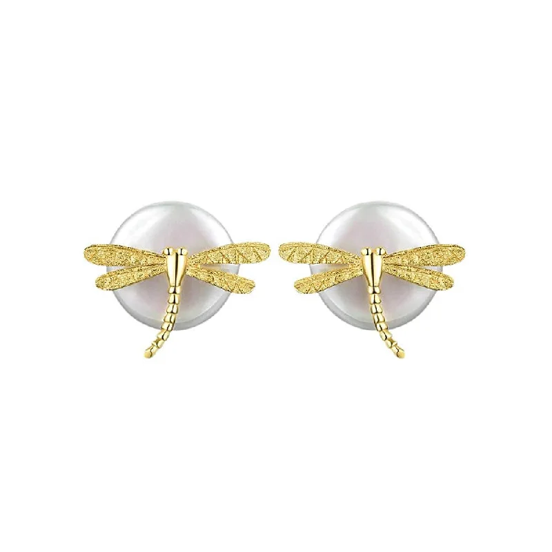 925 Silver Round Pearl Dragonfly Stud Earrings