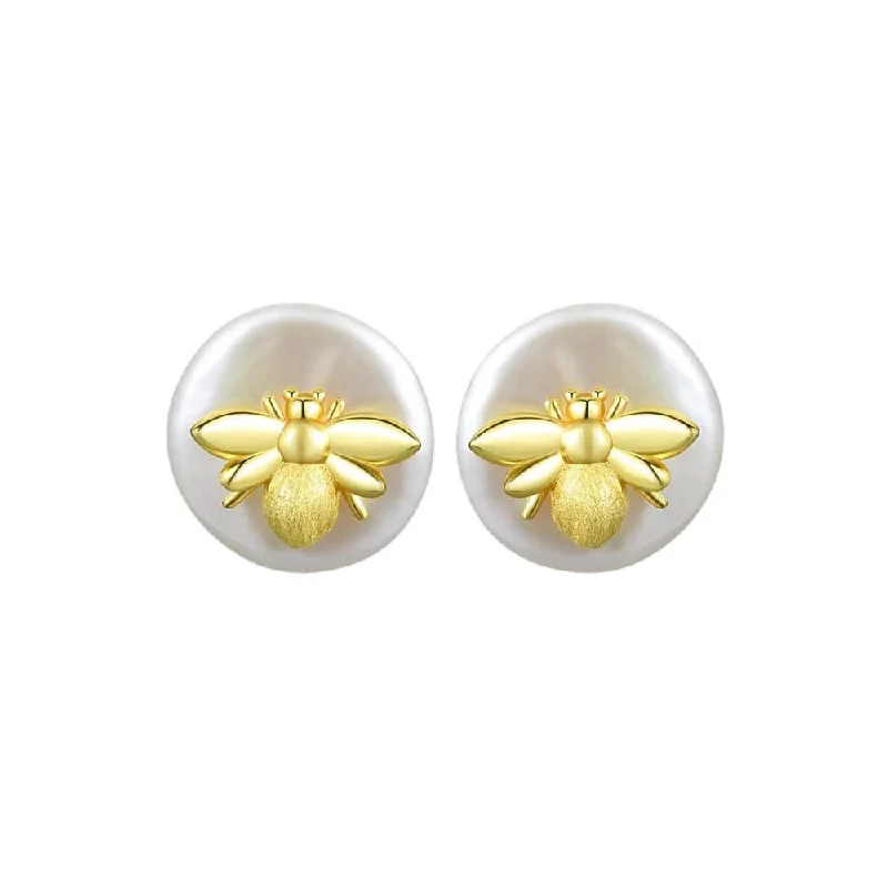 925 Silver Round Pearl Three-dimensional Bee Stud Earrings