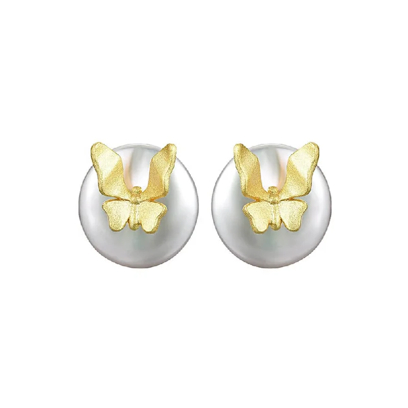 925 Silver Three-dimensional Butterfly Round Pearl Stud Earrings