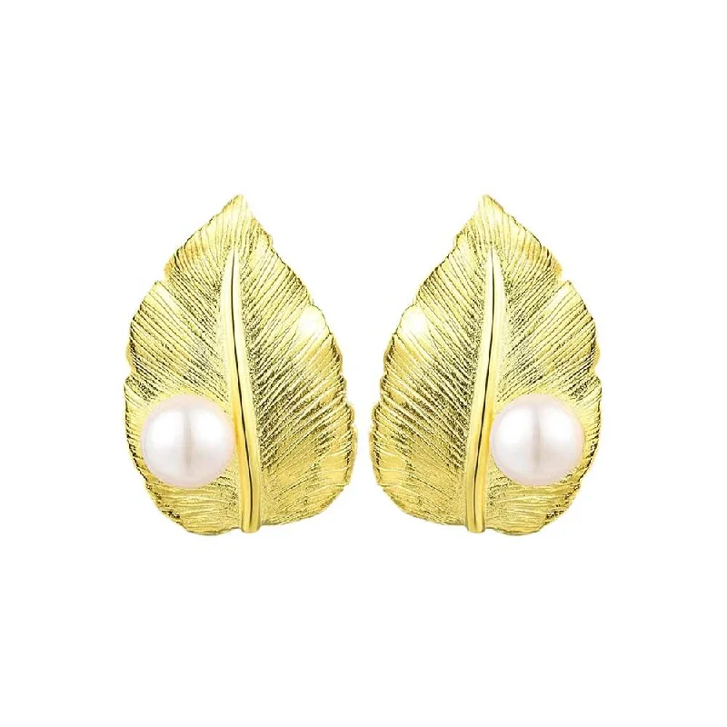 925 Silver Wide Leaf with Pearl Stud Earrings