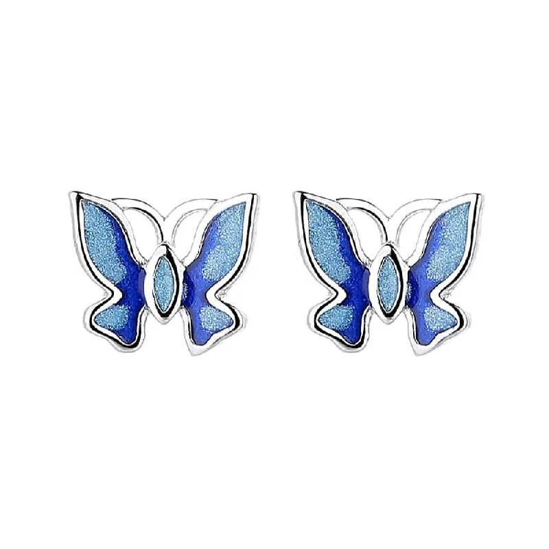 925 Sterling Silver Blue Drip Butterfly Threaded Ball Back Earrings for Women