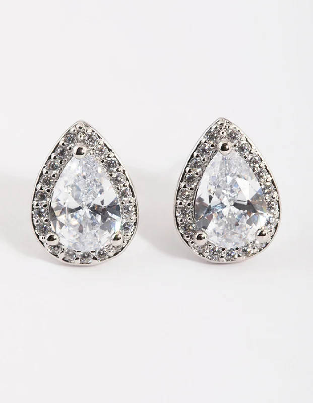 Rhodium Cubic Zirconia Pear Halo Stud Earrings