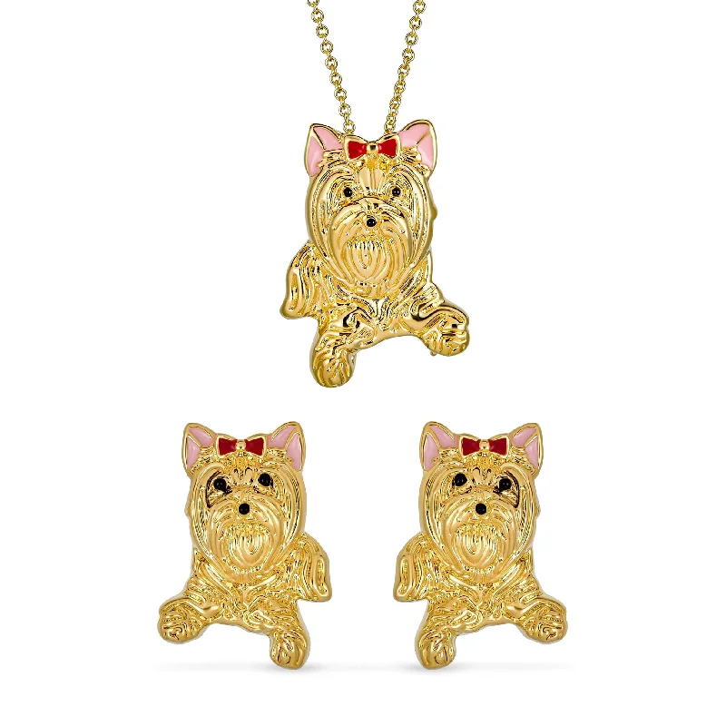 Adorable Animal Jewelry Set - Pink Bow Dog Earrings Necklace & Brooch 14K Gold Plated