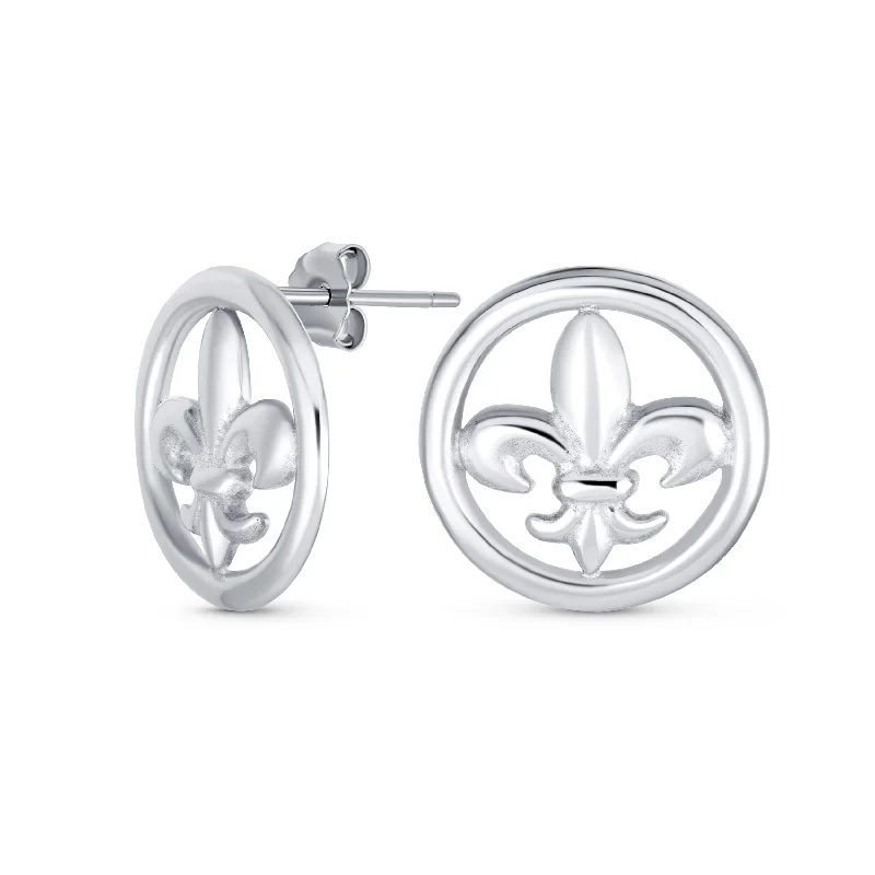 Ancient Symbol Lily Flower Disc Fleur De Lis Stud Earrings Sterling Silver