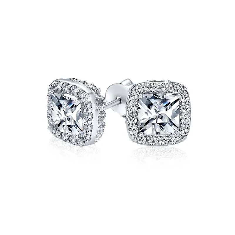 Asscher Cut CZ Stud Earrings with Halo Pave in Silver Brass