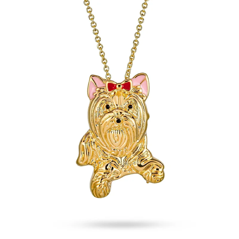 Best Friend Dog Pendant Necklace Pink Bow Yorkshire Terrier Shih Tzu 14K Gold Plated