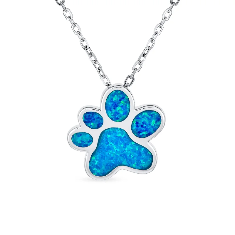 BFF Best Friend Pet Lover Blue Opal Paw Print Pendant Necklace Sterling Silver