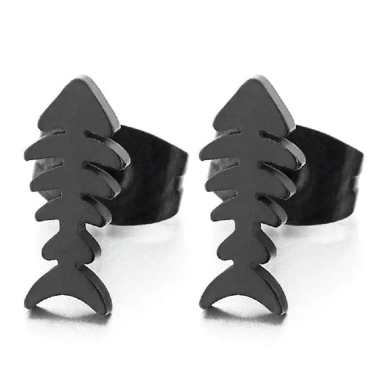 Black Fish Bone Stud Earrings for Men Women, Stainless Steel, 2 pcs