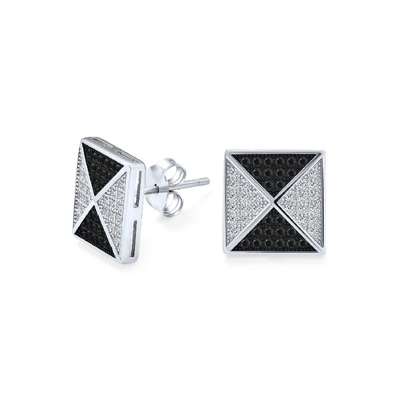 Black Royal Blue CZ Stud Earrings, Geometric Pyramid Square, Sterling Silver 11MM