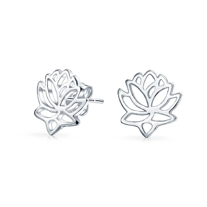 Blossom Open Lily Flower Zen Lotus Stud Earrings in Sterling Silver