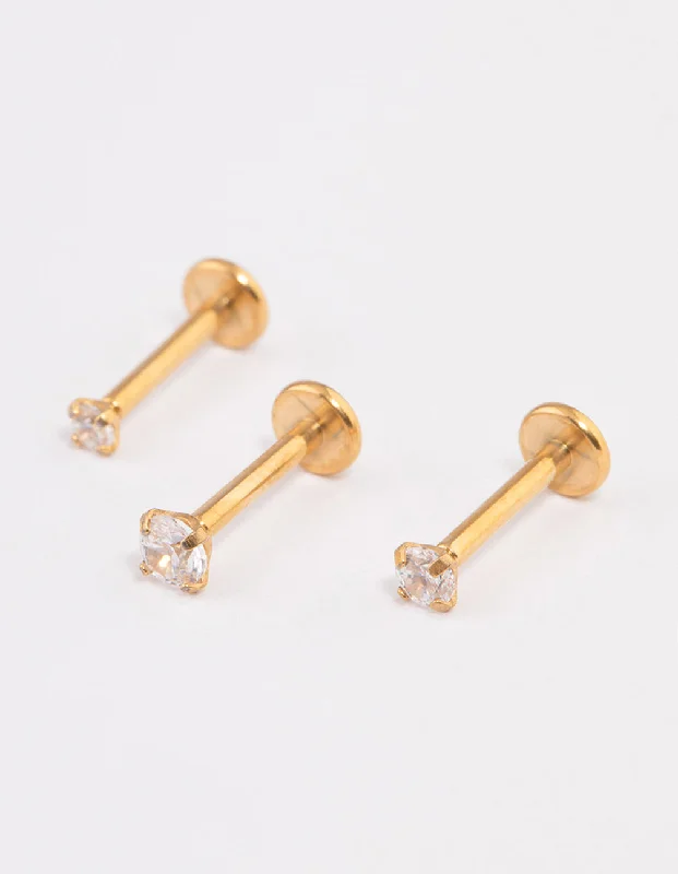 Gold Plated Surgical Steel Cubic Zirconia Stud Flat Back Pack