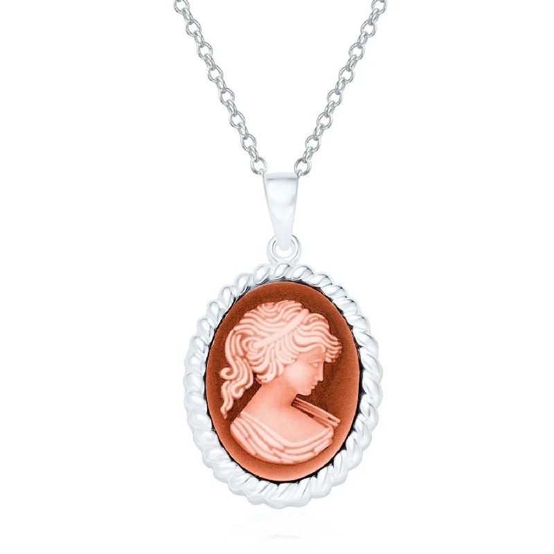 Classic Victorian Lady Portrait Cameo Pendant Necklace Sterling Silver Brooch