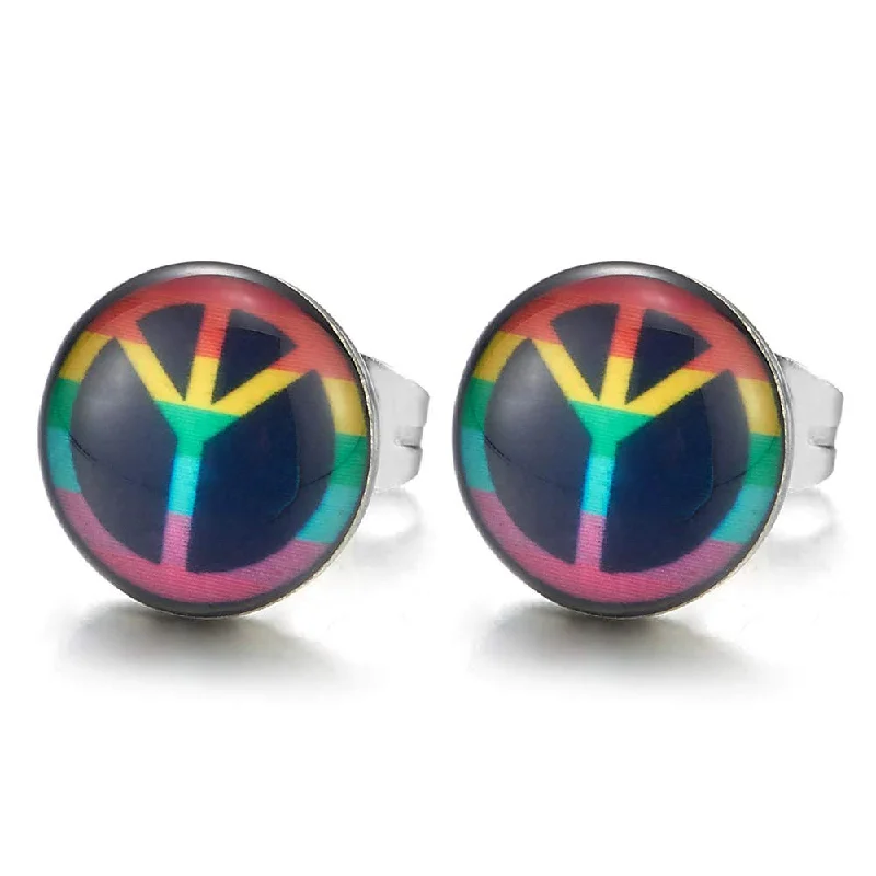 Colorful Anti-war Peace Sign Dome Stud Earrings for Man and Women, Stainless Steel, 2pcs