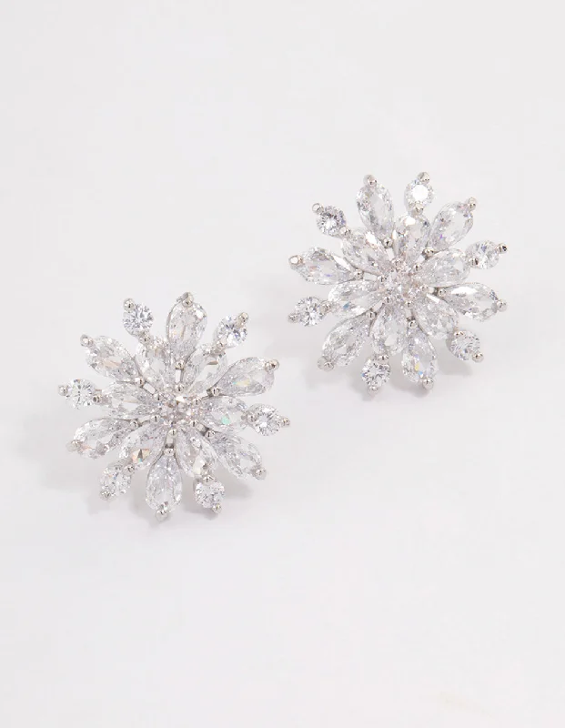 Rhodium Mid Flower Stud Earrings