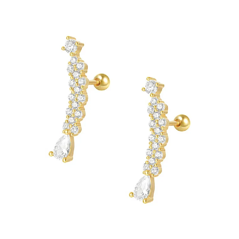 CZ Diamond Long Drop Ball Back Earrings In 925 Silver