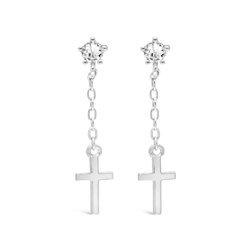 DROPPING CROSS SHAPED STUD SILVER EARRING