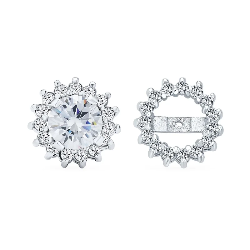 2 In 1 Earring Jacket with CZ Crown Halo & Solitaire Studs Sterling Silver