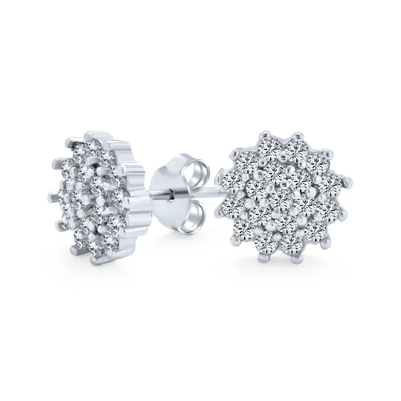 Elegant Bridal Halo CZ Stud Earrings, Christmas Snowflake Flower, Sterling Silver