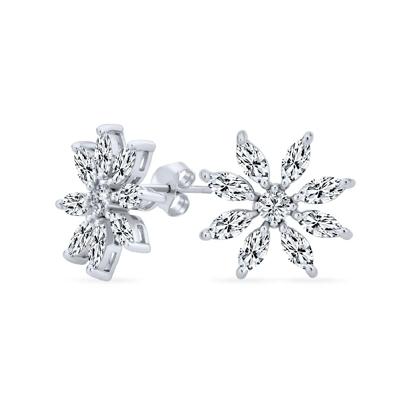 Elegant Marquise CZ Stud Earrings: Bridal Holiday Snowflake Flower in Sterling Silver