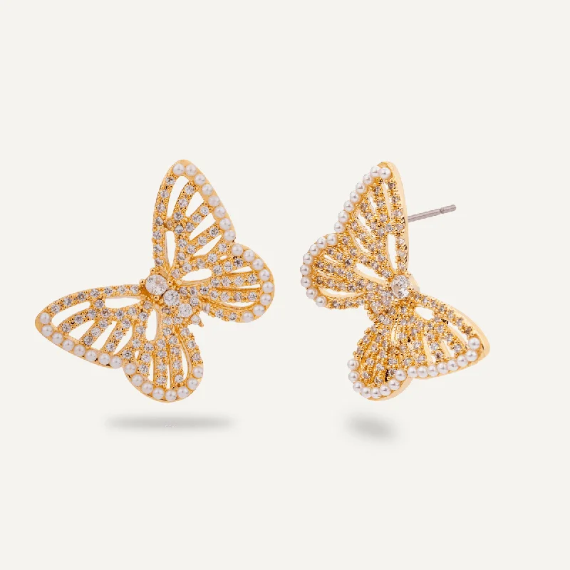 Eternal Butterfly Cubic Zirconia & Faux Pearl Stud Earrings In Gold-Tone