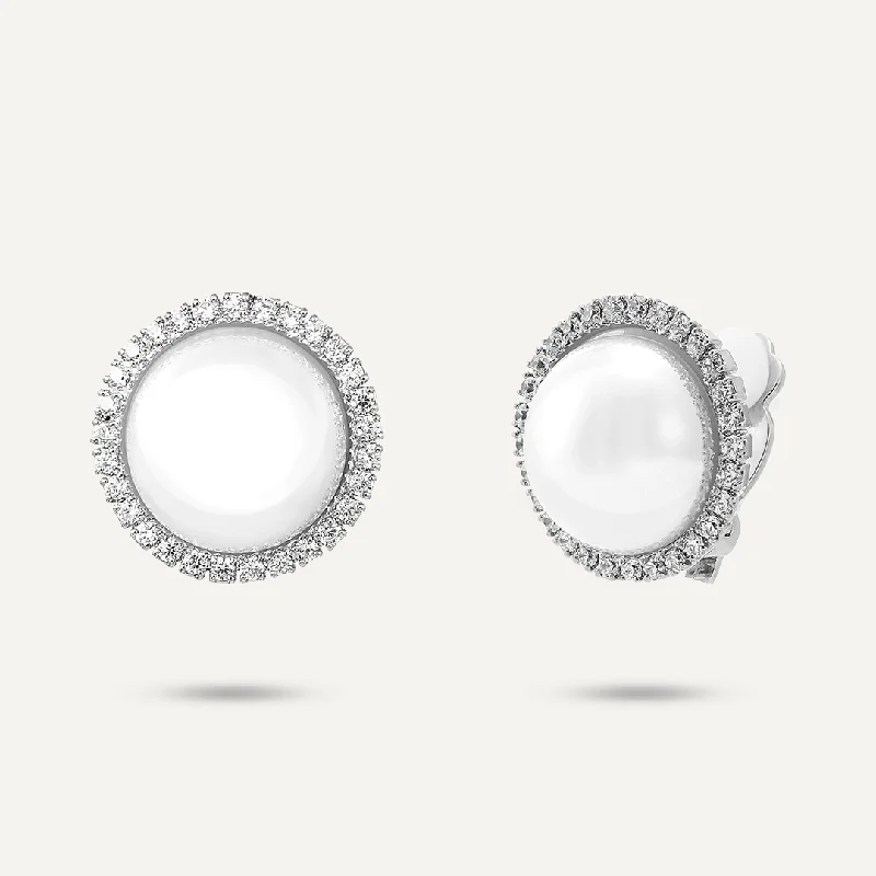 Faux Pearl & Cubic Zirconia Clip On Earrings In Silver-Tone