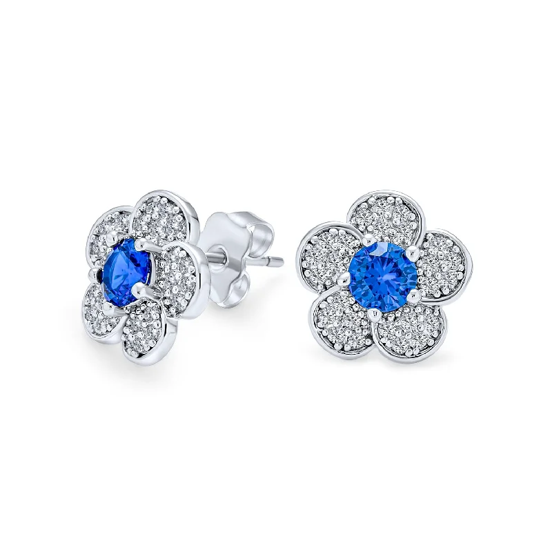 Flower Petals CZ Stud Earrings with Simulated Sapphire Center in Silver Brass