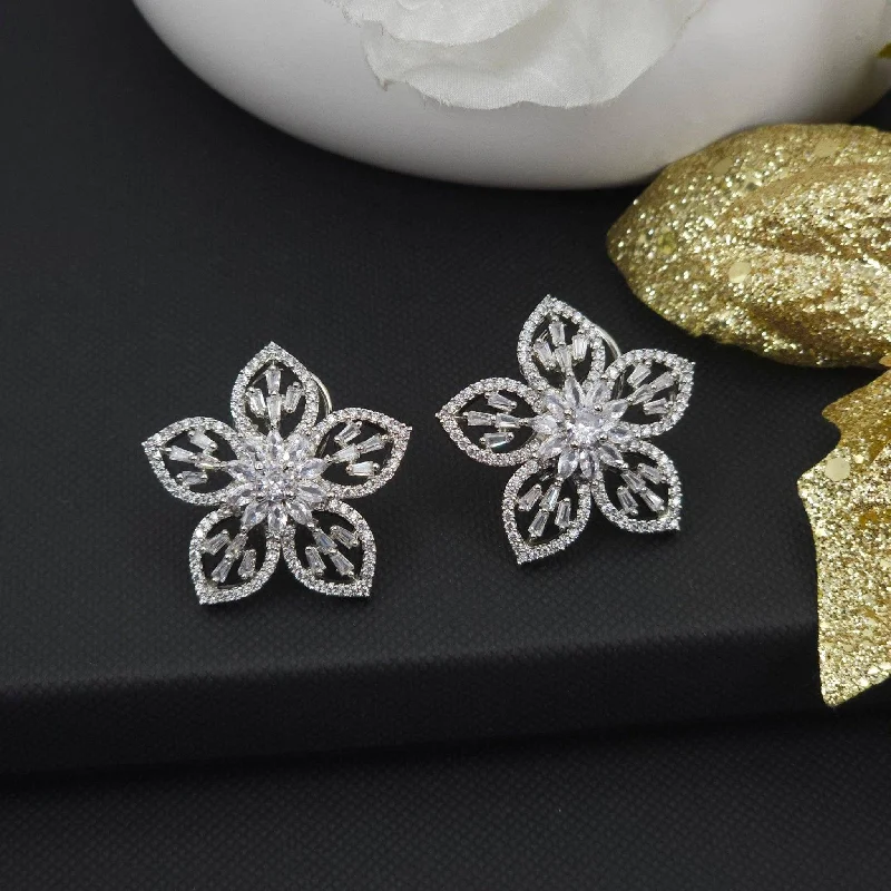 Flower style Silver AD Stud Earrings