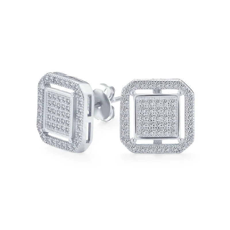 Geometric CZ Stud Earrings: Flat Square Box Frame, 14K Gold, Sterling Silver, 12MM