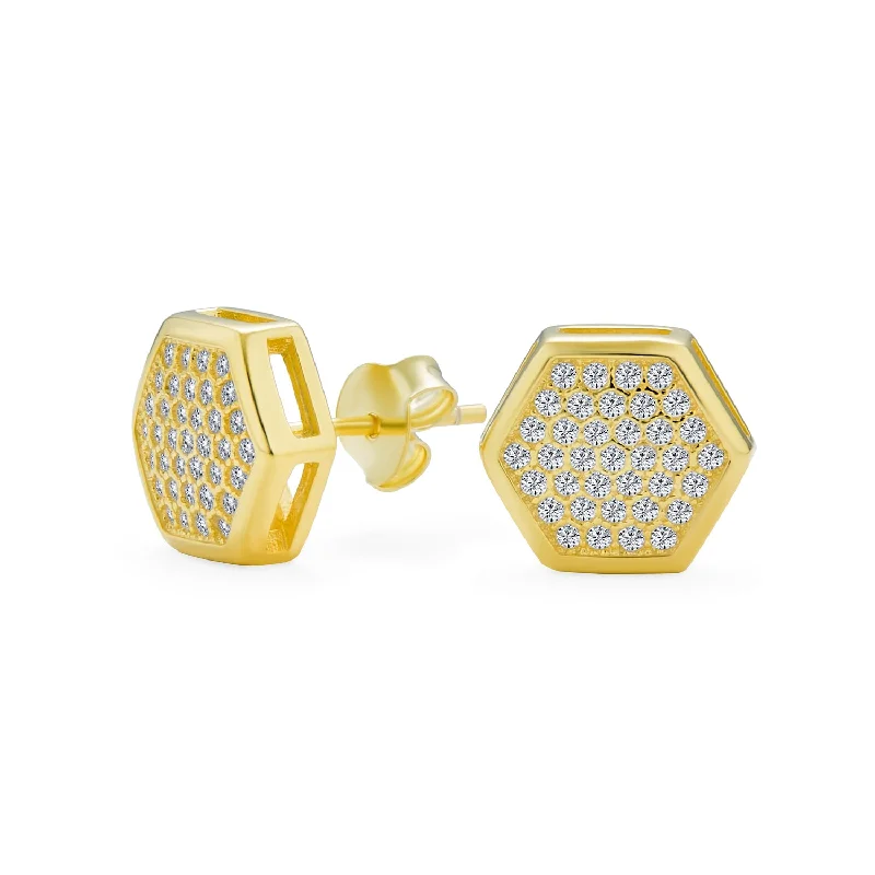 Geometric Honeycomb Hexagon CZ Stud Earrings for Men, 14K Gold Sterling Silver