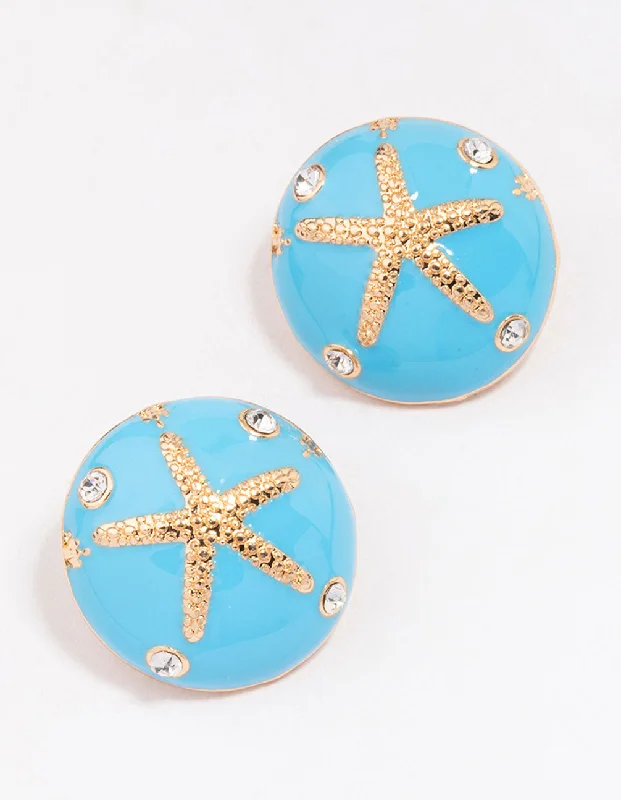 Gold & Blue Enamel Starfish Stud Earrings