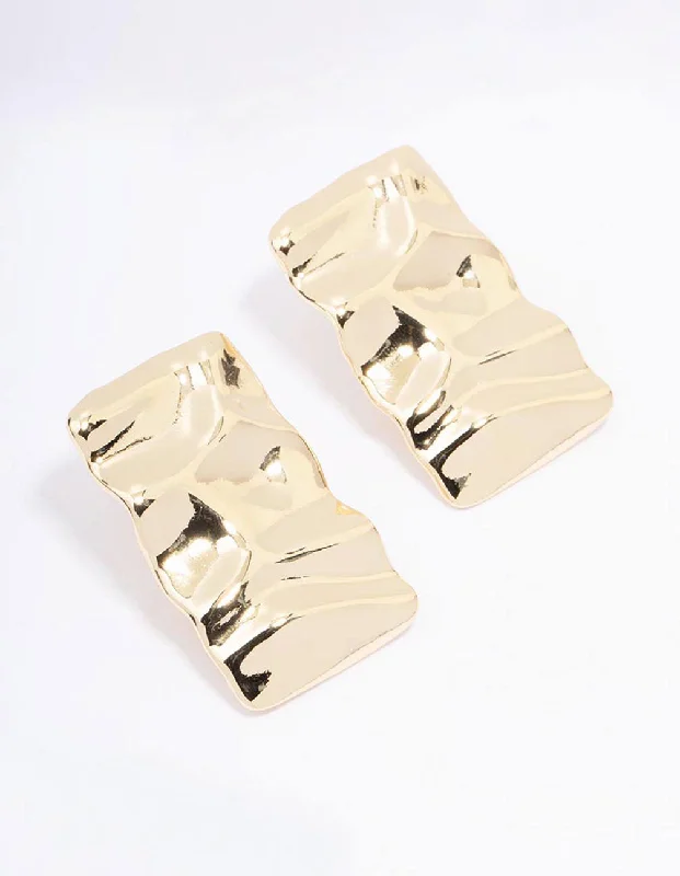 Gold Plated Hammered Rectangular Stud Earrings