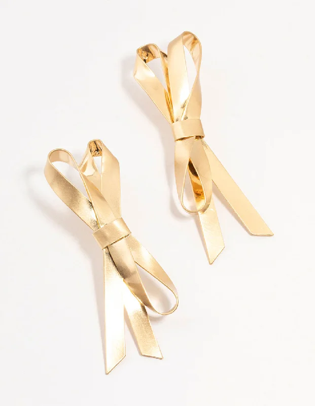 Gold Plated Large Bow Drop Stud Earrings