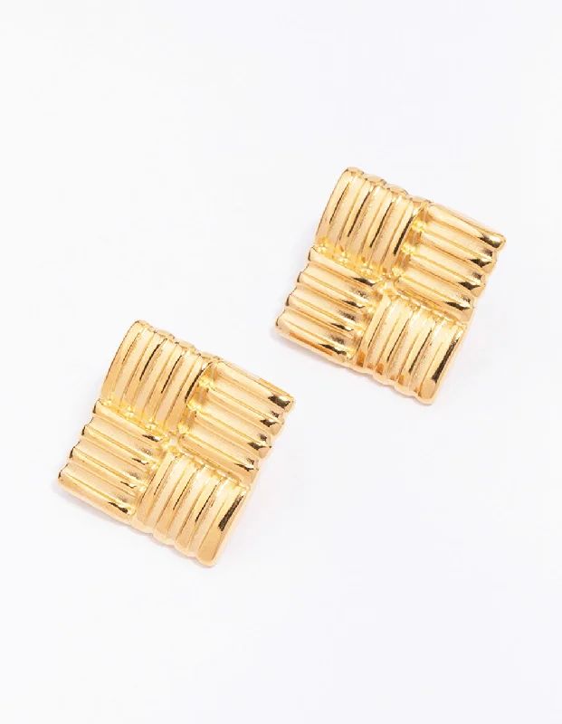 Waterproof Gold Plated Stainless Steel Square Ribbed Stud Earrings