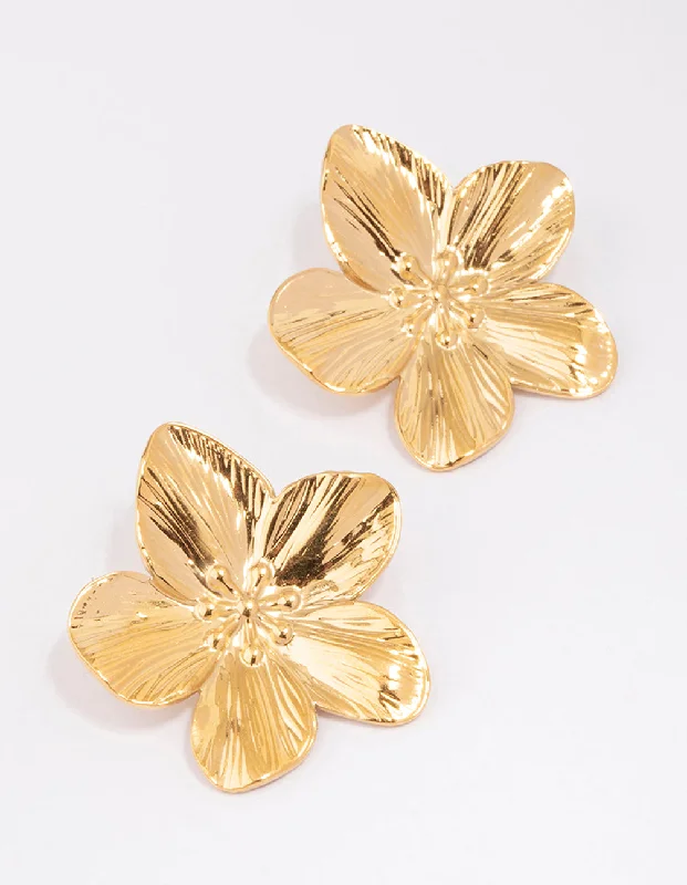 Waterproof Gold Plated Stainless Steel Textured Flower Stud Earrings