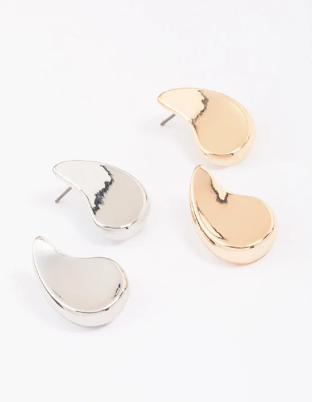 Gold & Silver Two-Toned Flat Teardrop Stud Earring Pack